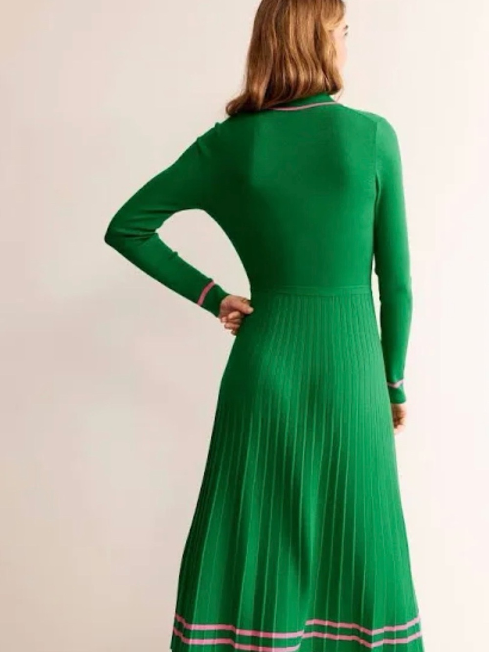 Boden Mollie Green Pink Trim Pleated Knit Midi Dress US 8 UK 12 - Picture 2 of 13
